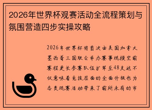 2026年世界杯观赛活动全流程策划与氛围营造四步实操攻略
