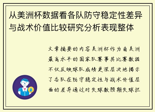 从美洲杯数据看各队防守稳定性差异与战术价值比较研究分析表现整体 从美洲杯数据看各队防守稳定性差异与战术价值比较研究分析表现整体