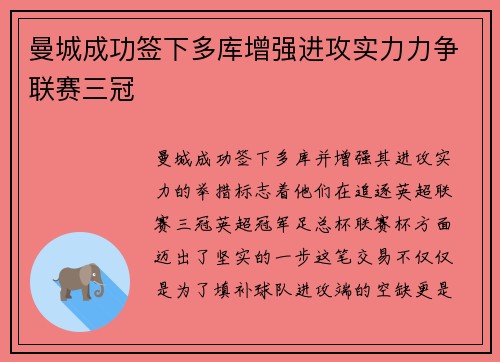 曼城成功签下多库增强进攻实力力争联赛三冠